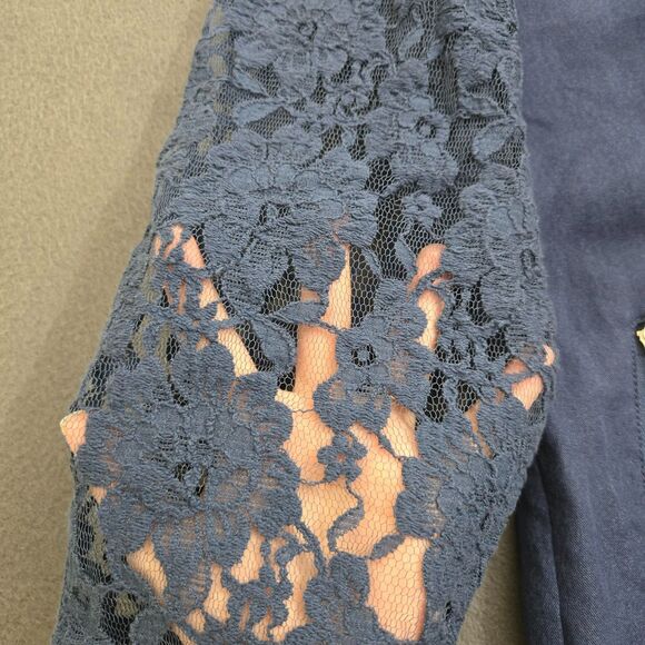 Chico's Women 1 US M Dark Blue Silver Zip Lace Moto Notched Collared Open Blazer - Picture 6 of 12